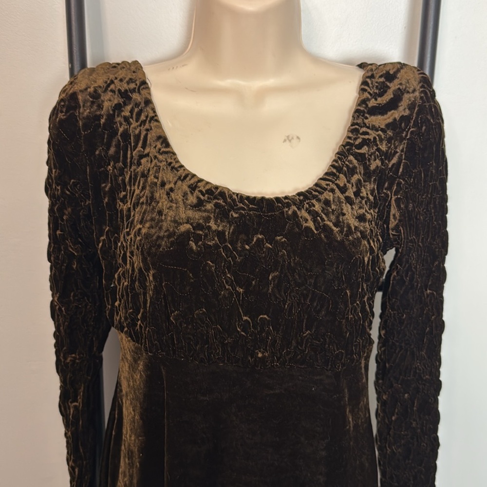 Vintage 90s MGR Velvet Empire Smocked Brown Mini Dress Women Size M - Picture 3 of 11